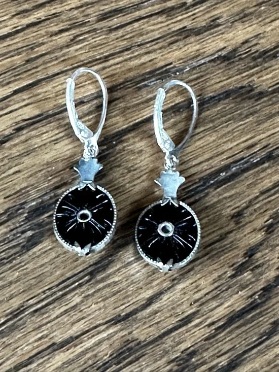 Art Deco Black Onyx & Diamond Earrings | Sterling Silver | Vintage - Picture 3 of 4